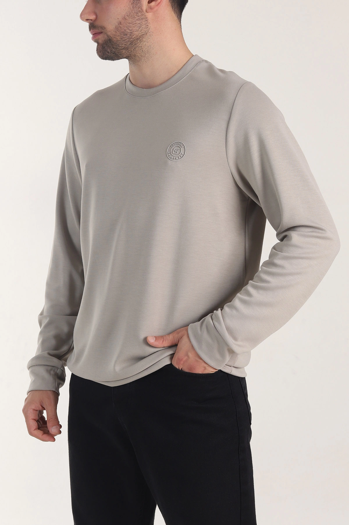 Bej Osyho Kumaş Bisiklet Yaka Erkek Sweatshirt 407678
