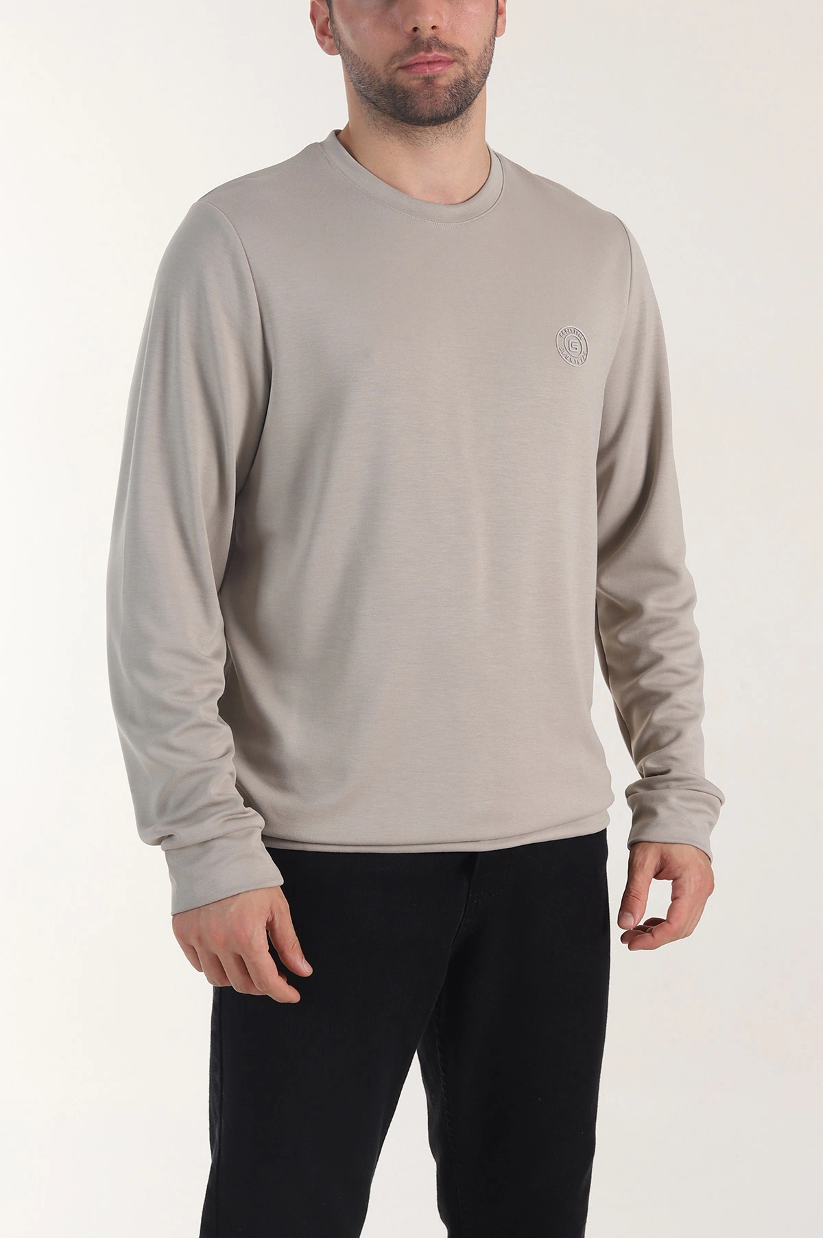 Bej Osyho Kumaş Bisiklet Yaka Erkek Sweatshirt 407678