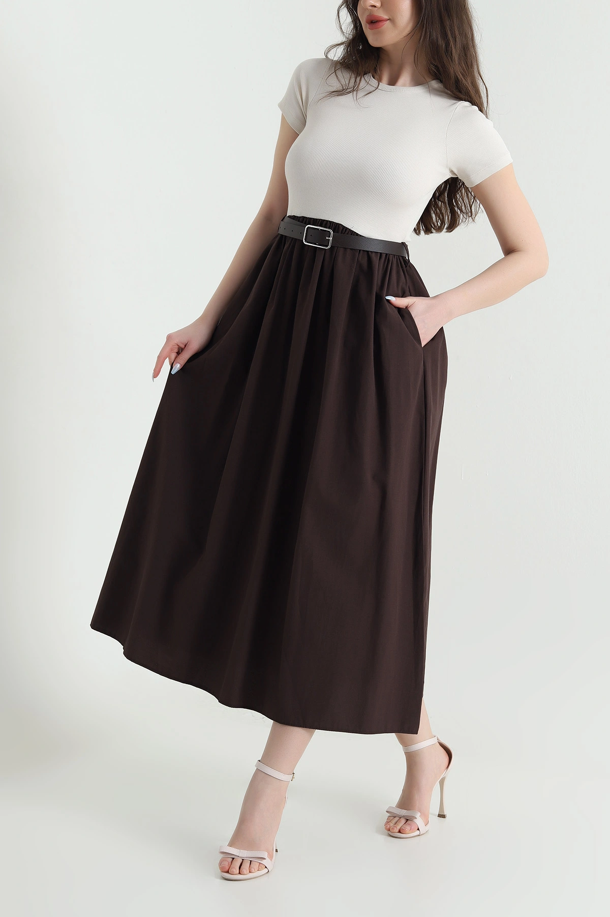 Bej Ottoman Garnili Poplin Kadın Elbise 448300