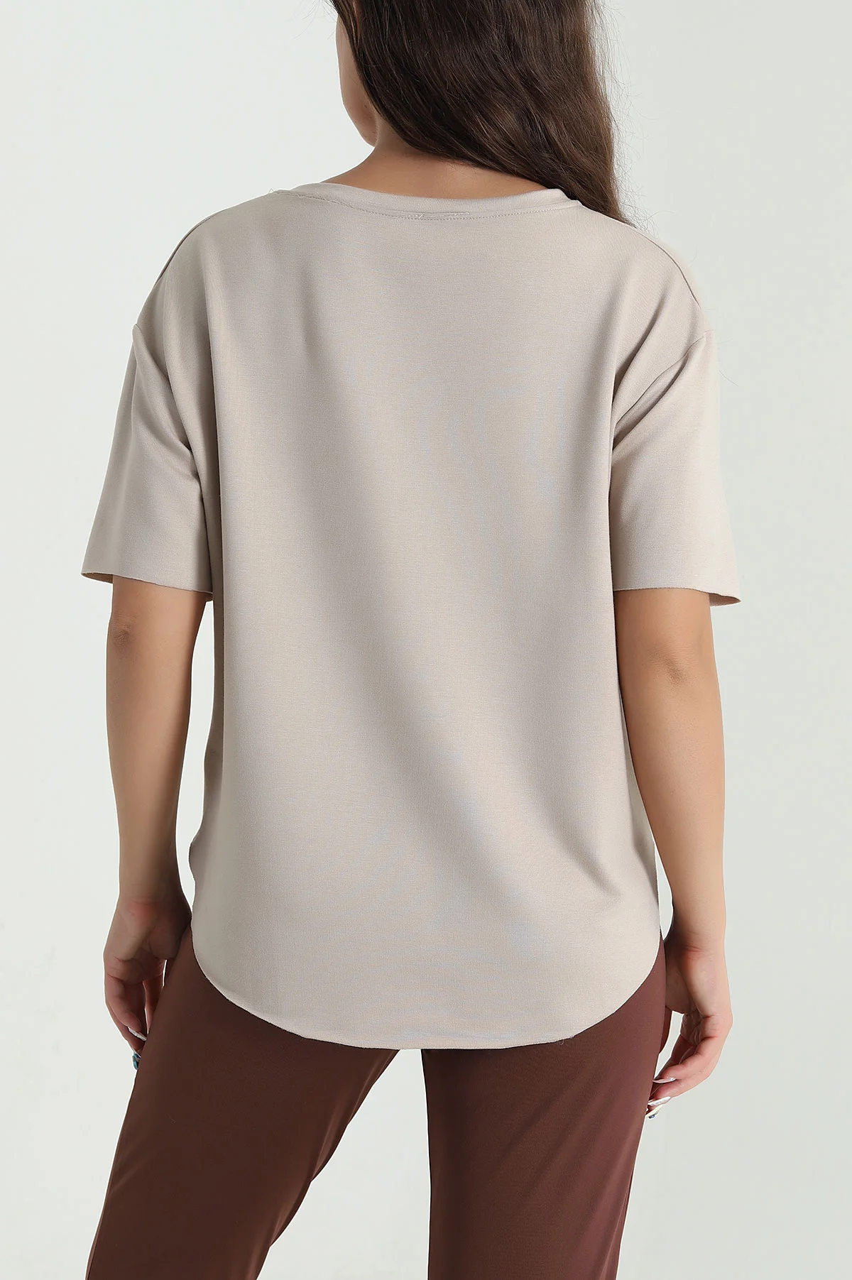 Bej Oval Kesim Modal Kadın Tişört 480107