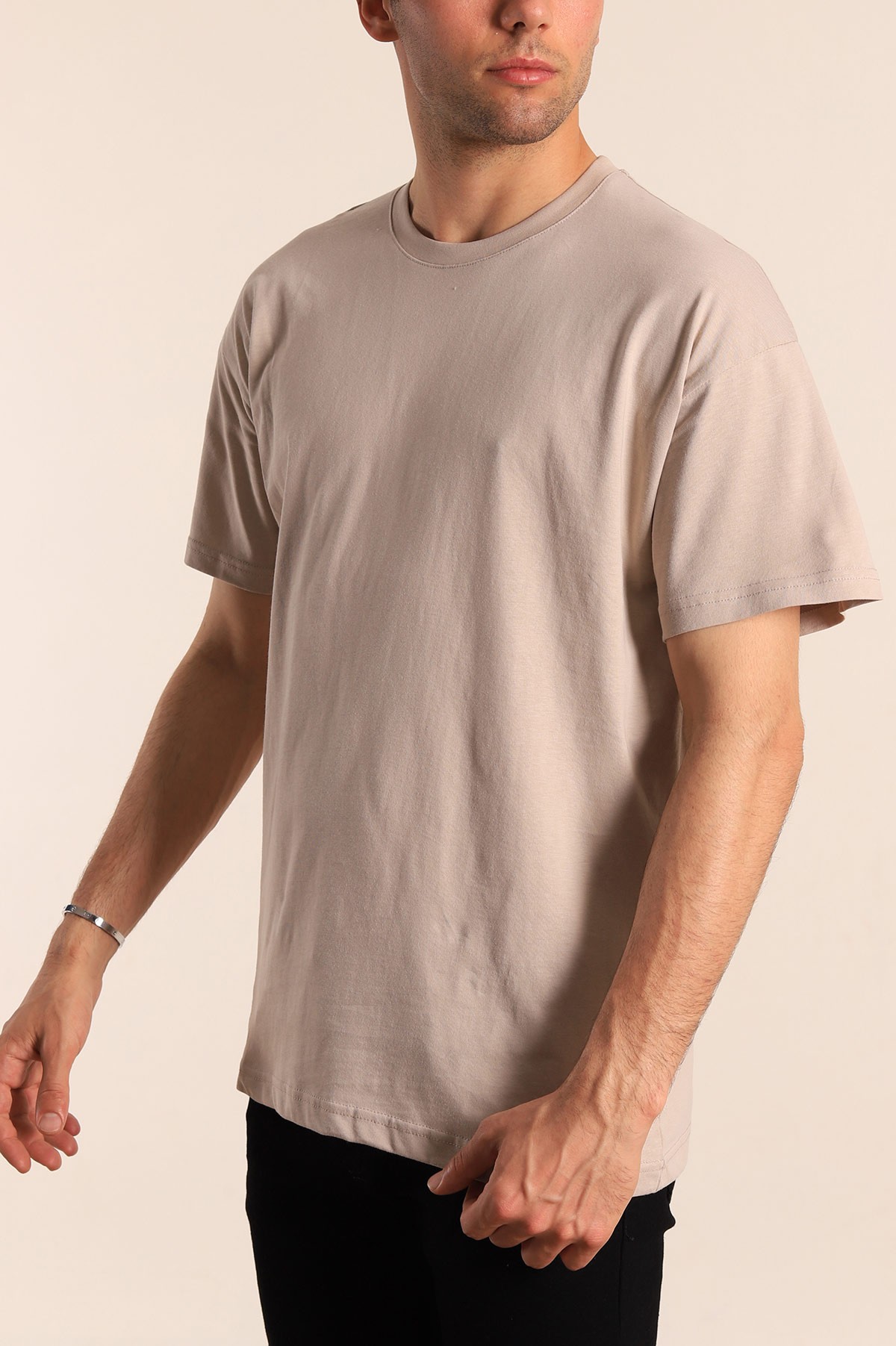 Bej Oversize Basic Erkek Tişört 184257