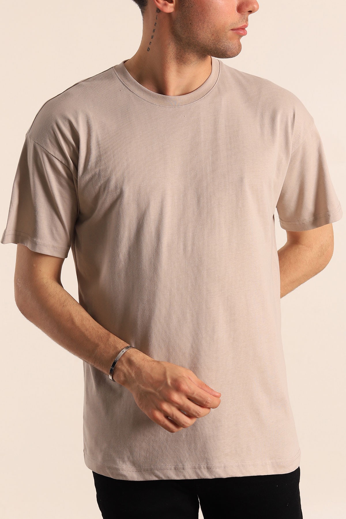Bej Oversize Basic Erkek Tişört 184257