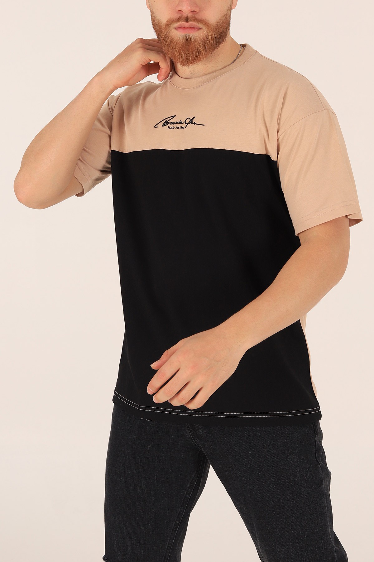 Bej Oversize Baskılı Erkek Tişört 171988