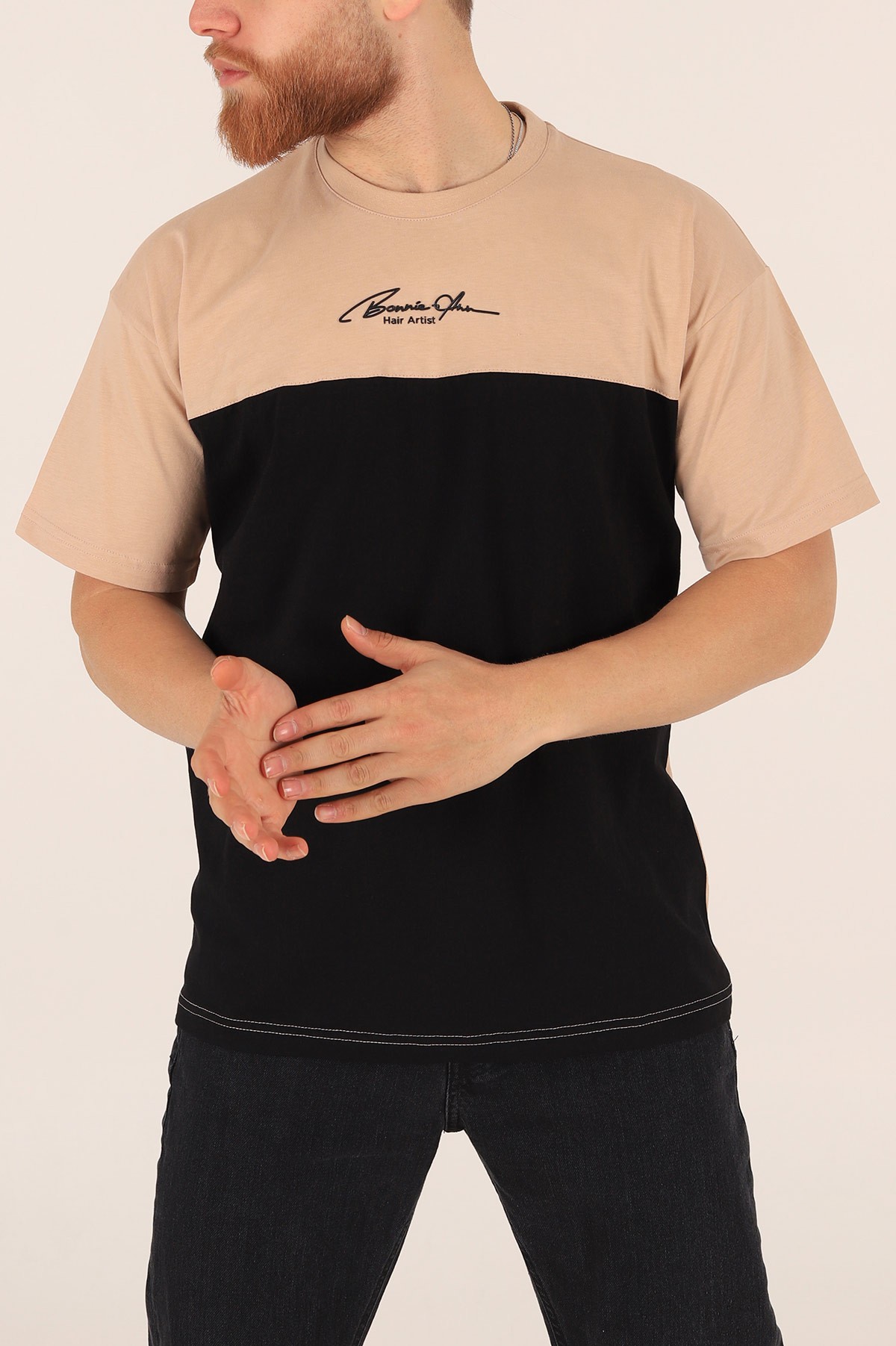 Bej Oversize Baskılı Erkek Tişört 171988