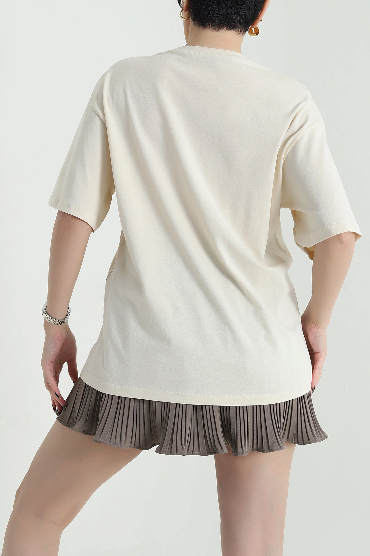 Bej Oversize Bisiklet Yaka Süprem Kadın Tişört 452515
