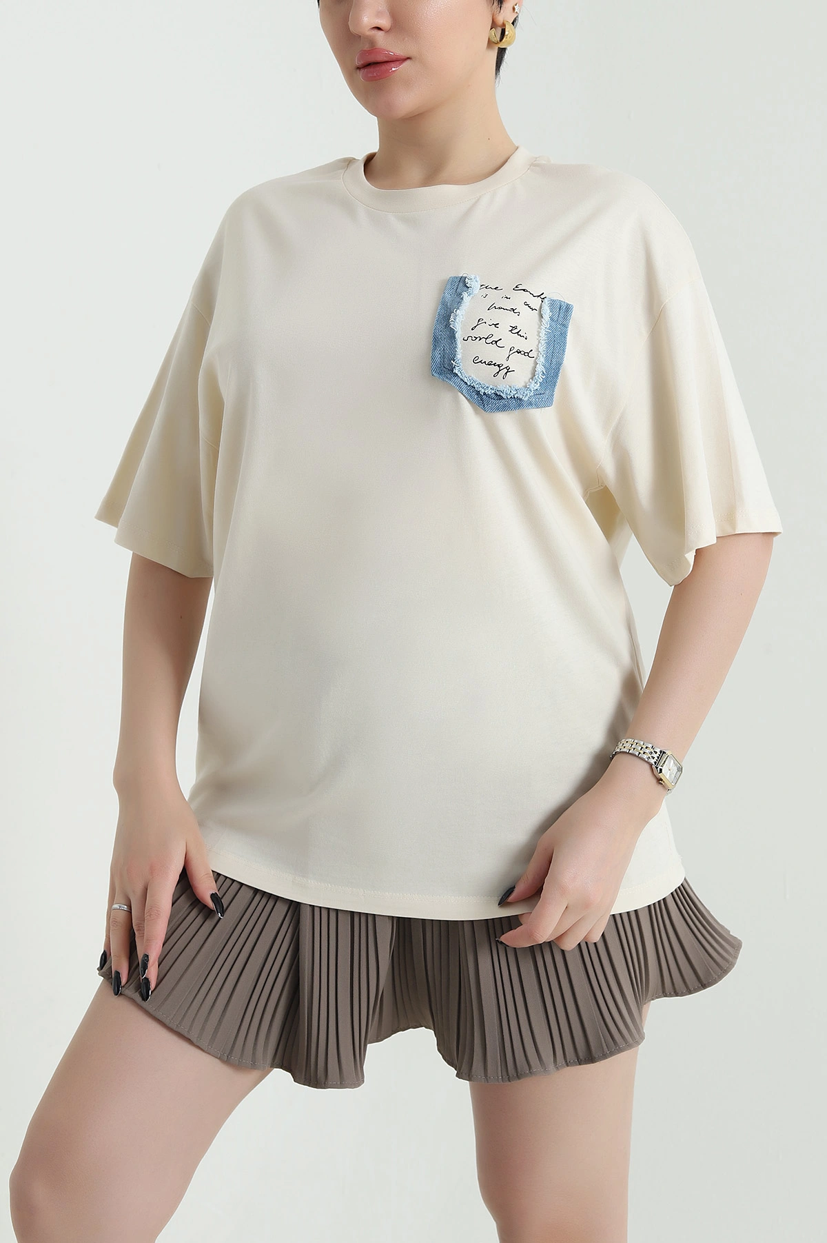 Bej Oversize Bisiklet Yaka Süprem Kadın Tişört 452515
