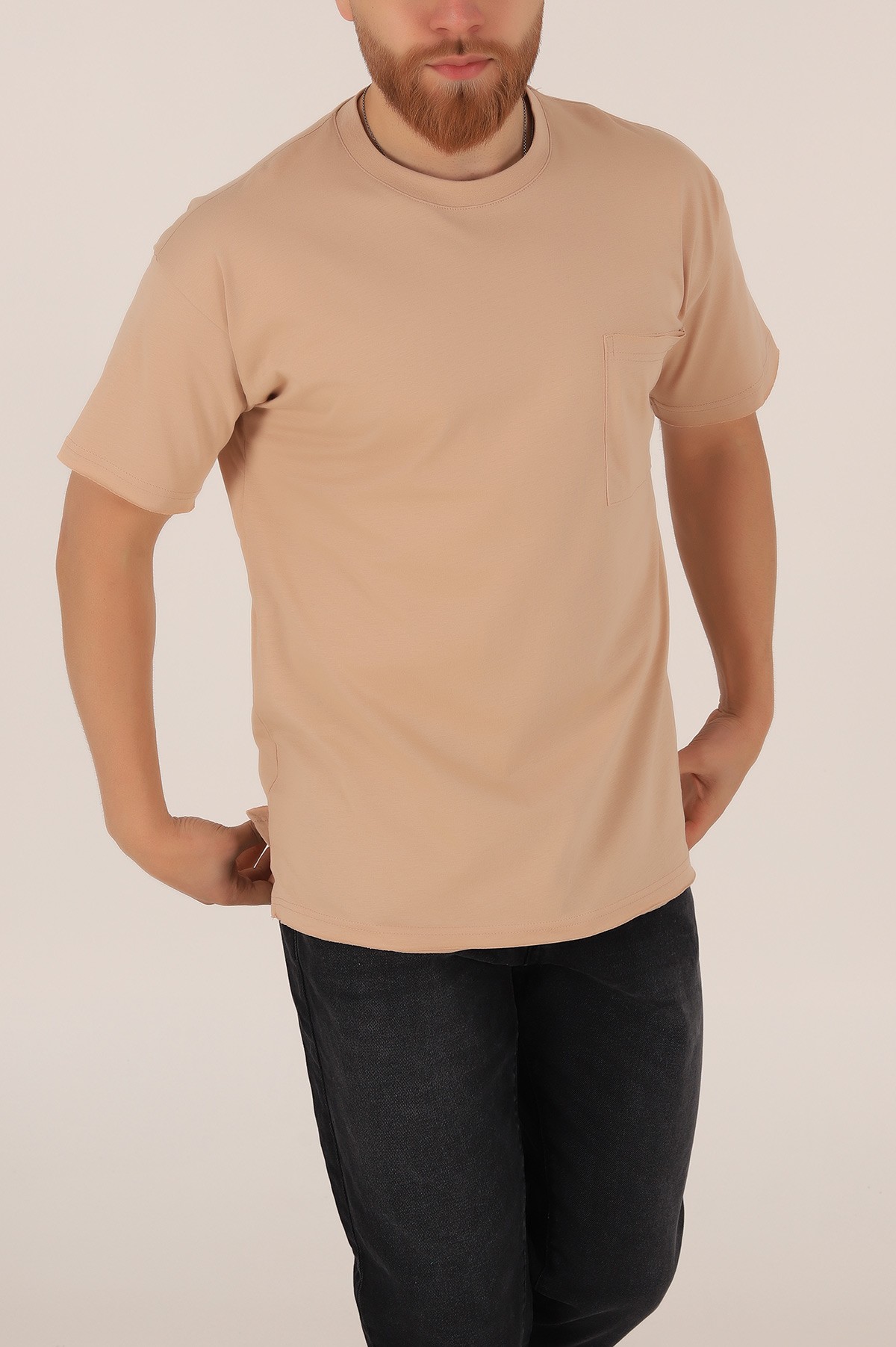 Bej Oversize Cep Detay Erkek Tişört 169691