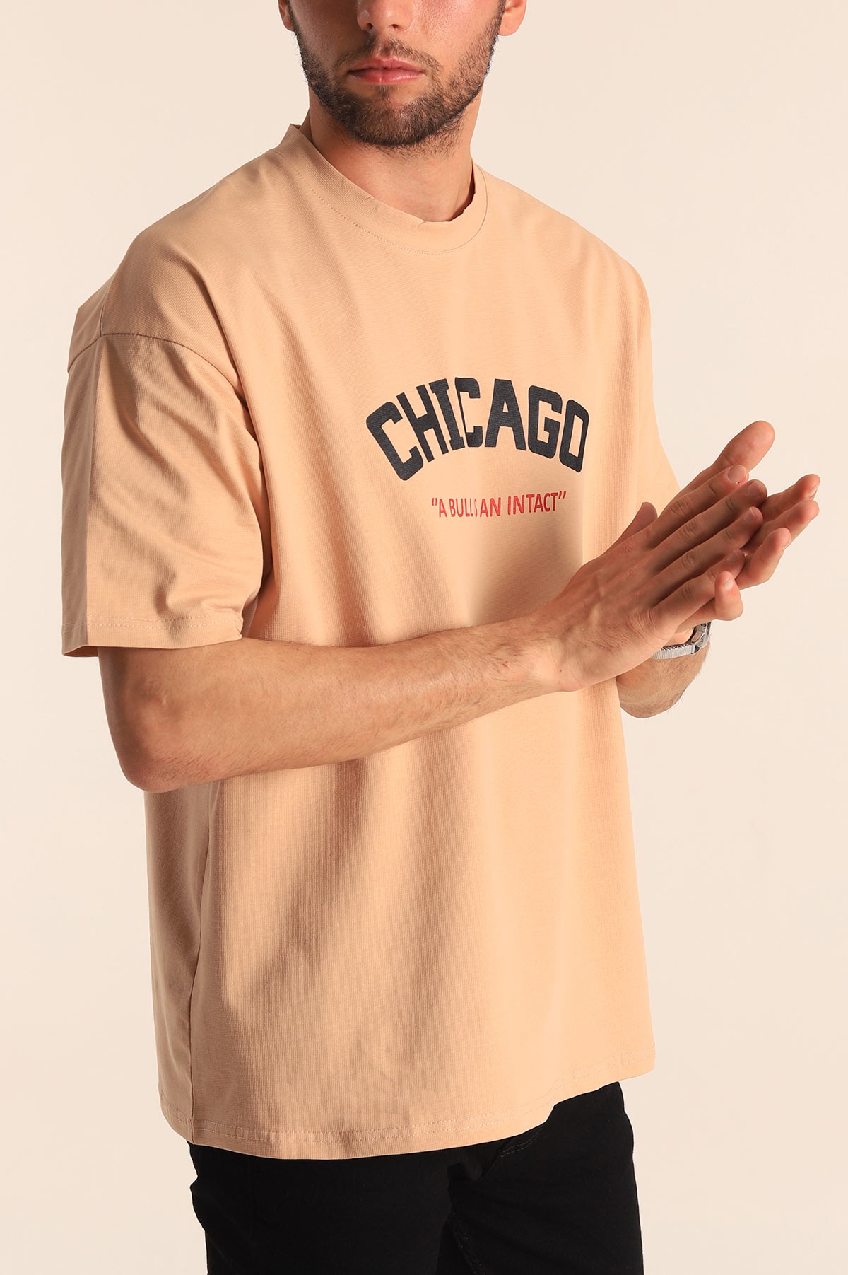 Bej Oversize Chicago Baskılı Erkek Tişört 181404
