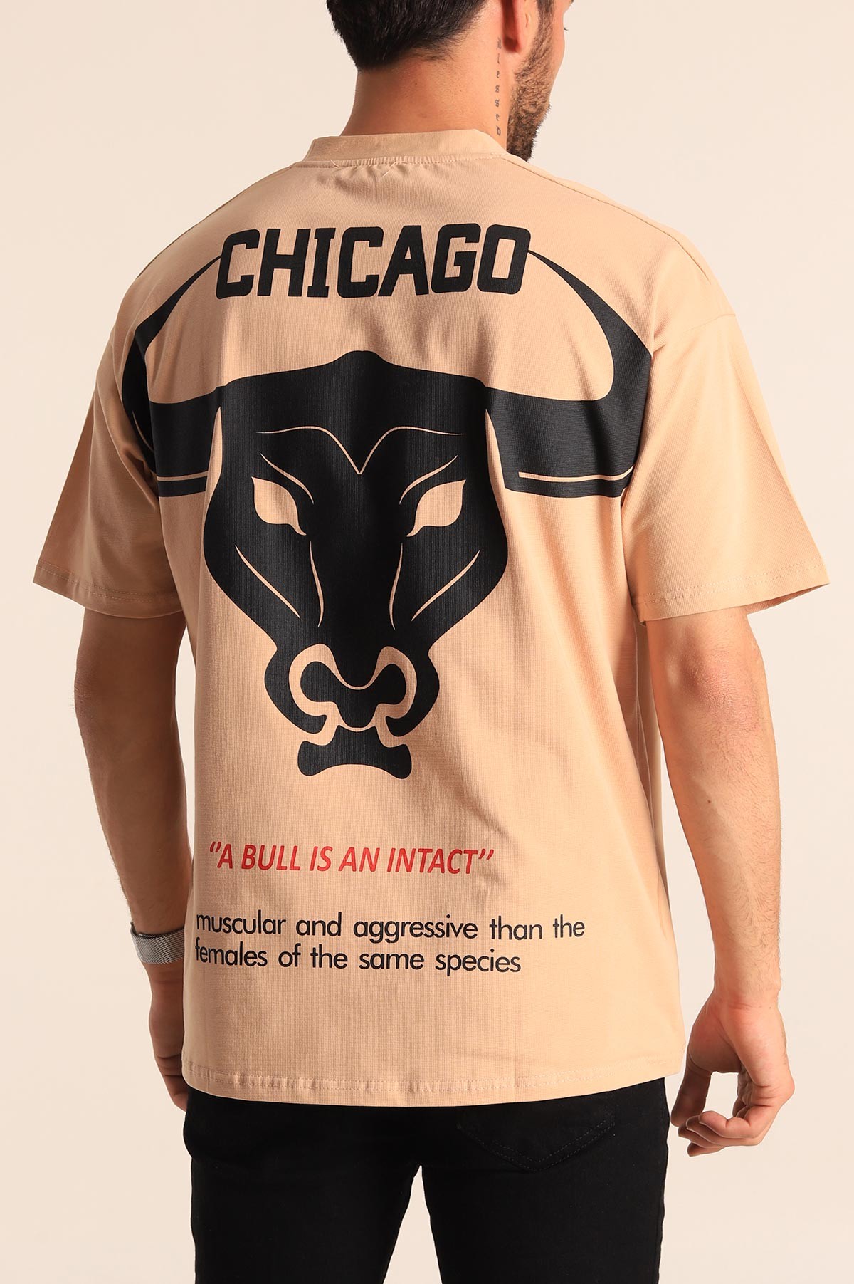 Bej Oversize Chicago Baskılı Erkek Tişört 181404