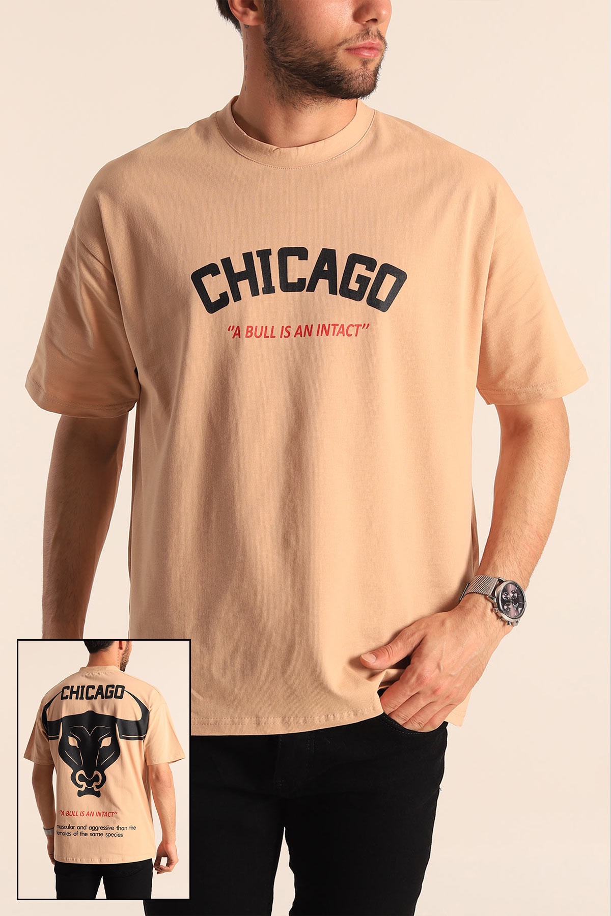 Bej Oversize Chicago Baskılı Erkek Tişört 181404