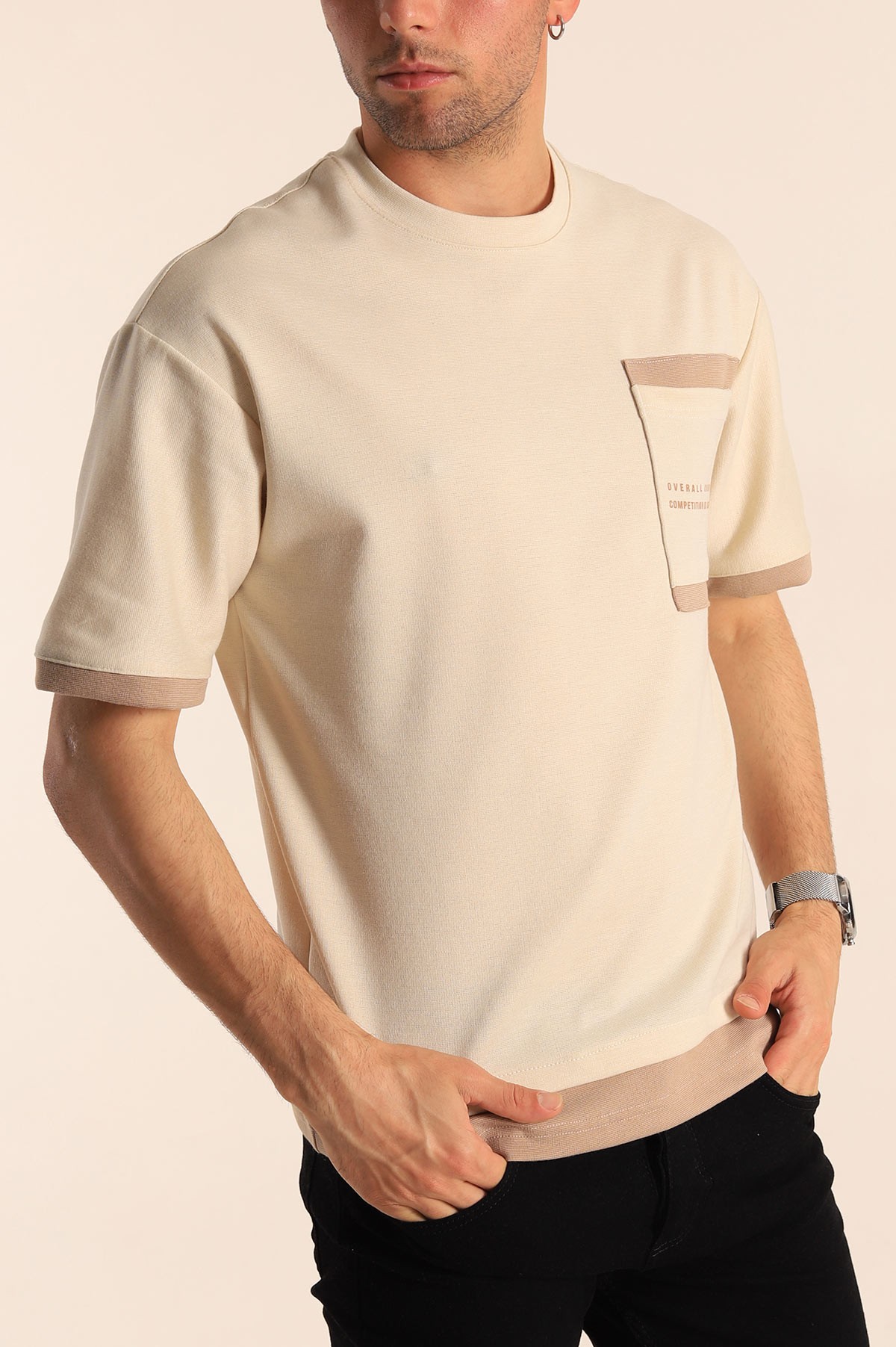 Bej Oversize Çift Renk Cepli Erkek Tişört 181828