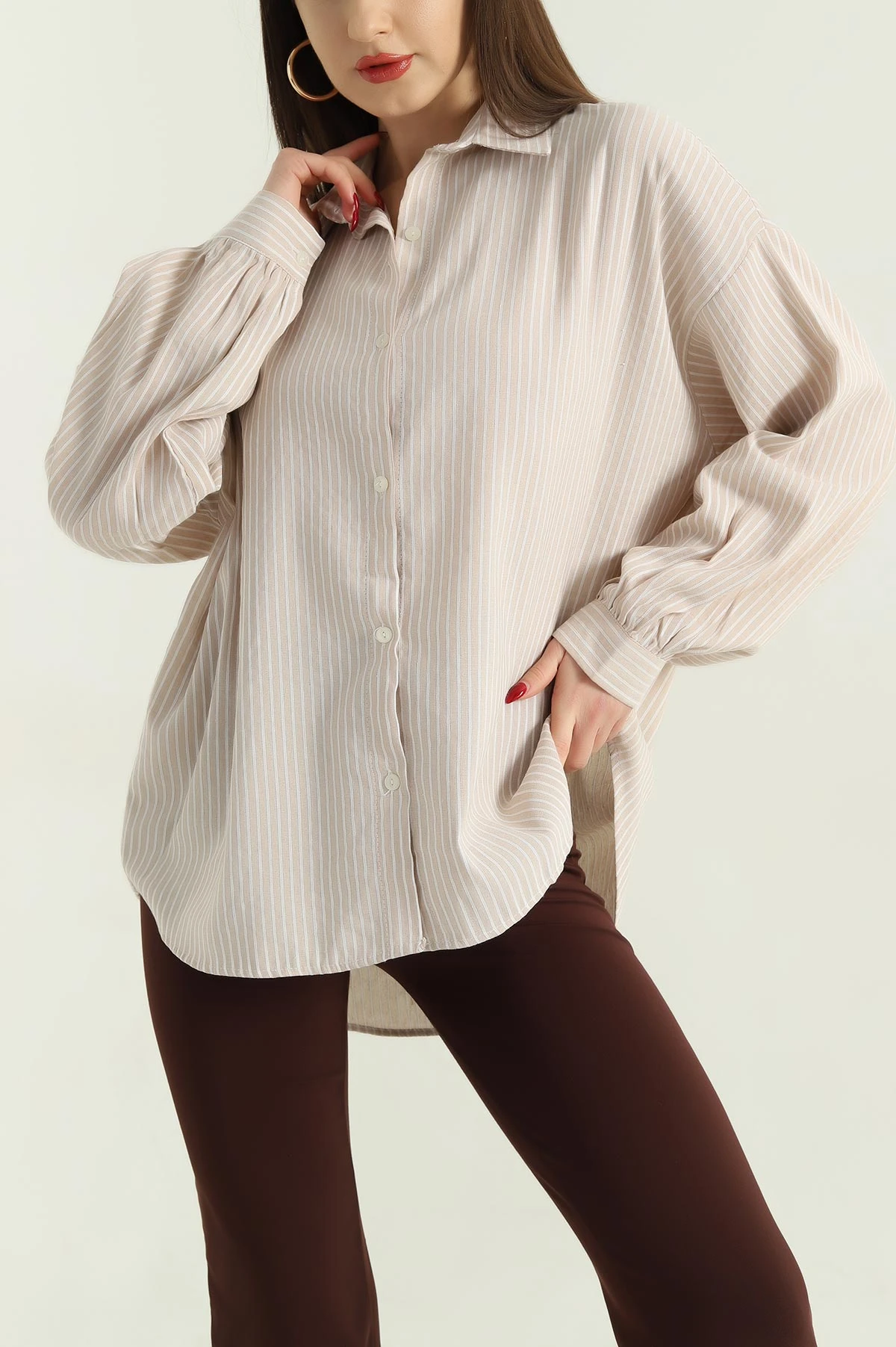 Bej Oversize Çizgili Bayan Müslin Gömlek 336860