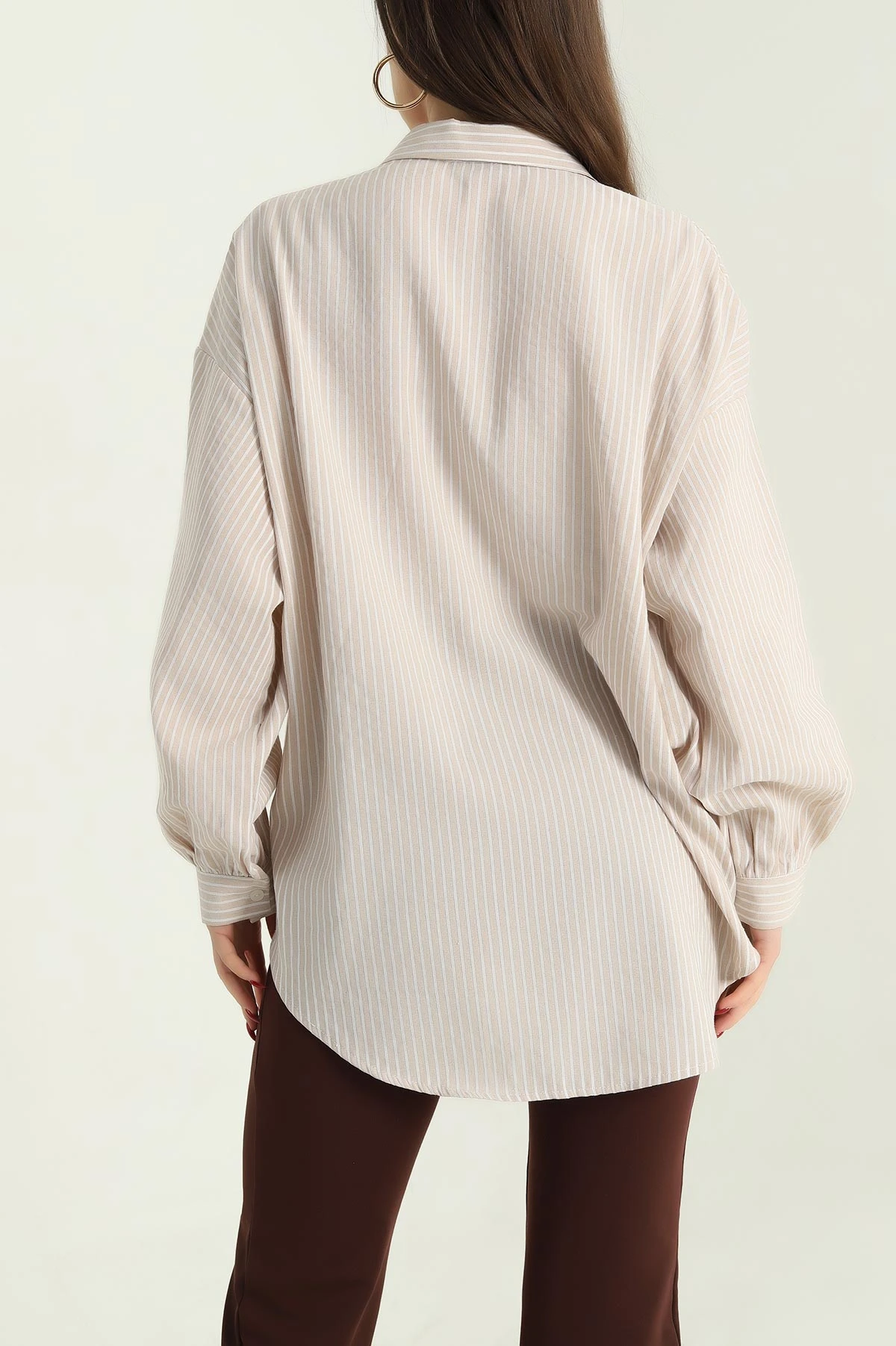Bej Oversize Çizgili Bayan Müslin Gömlek 336860