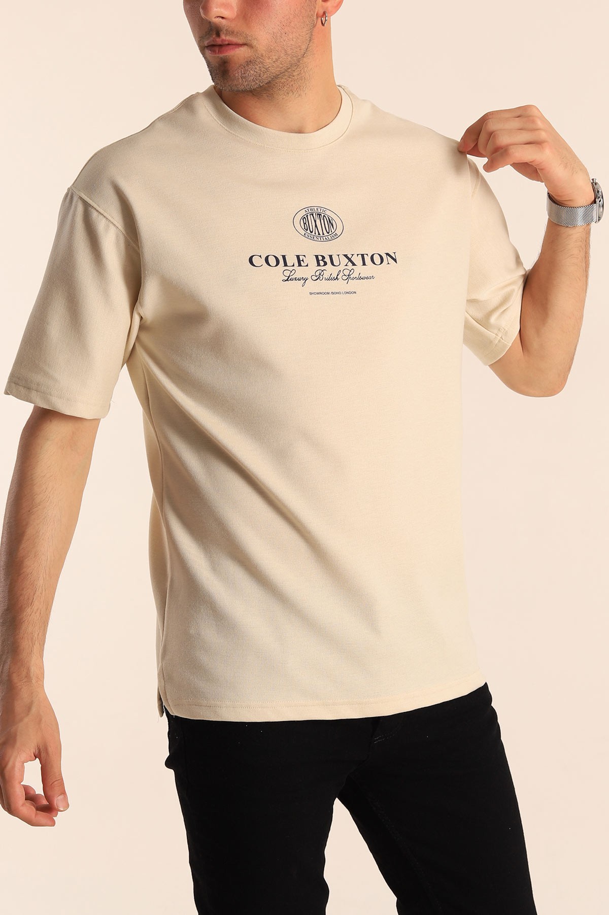 Bej Oversize Cole Buxton Yazılı Erkek Tişört 181789