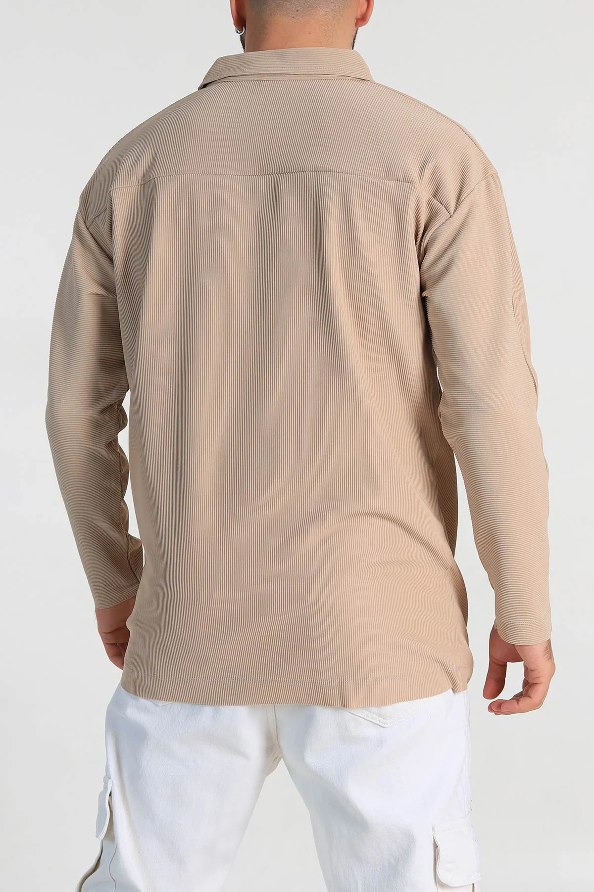 Bej Oversize Fitilli Doku Fermuarlı Polo Yaka Sweatshirt 324396