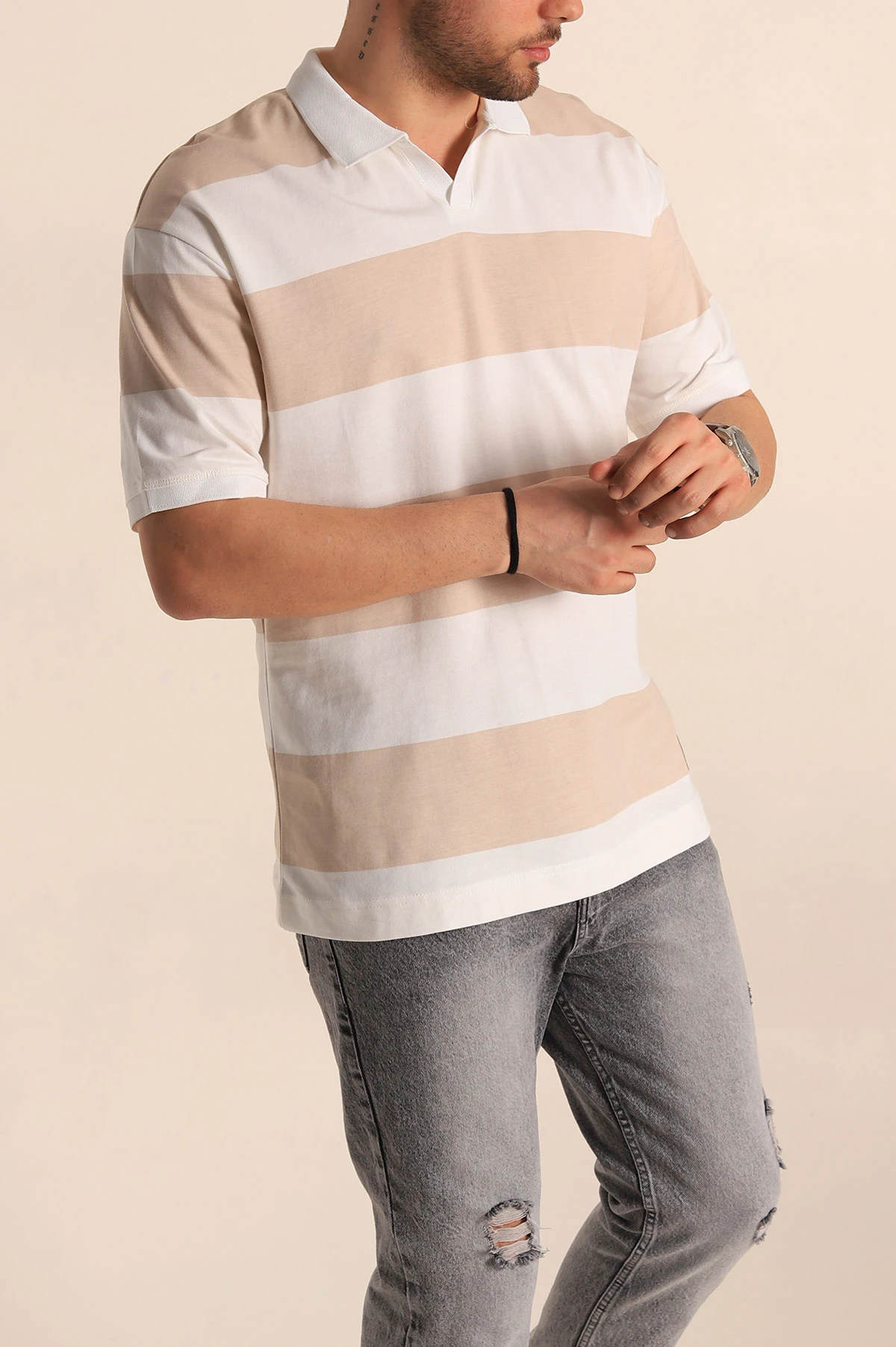 Bej Oversize İki İp Geniş Çizgili Polo Yaka Erkek Tişört 257562