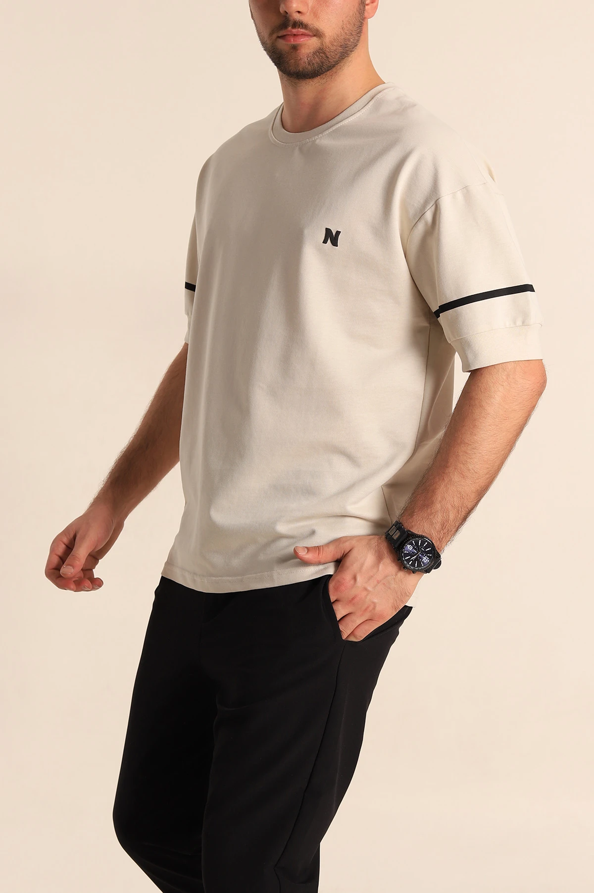 Bej Oversize İki İp Kol Lastikli Erkek Tişört 247972