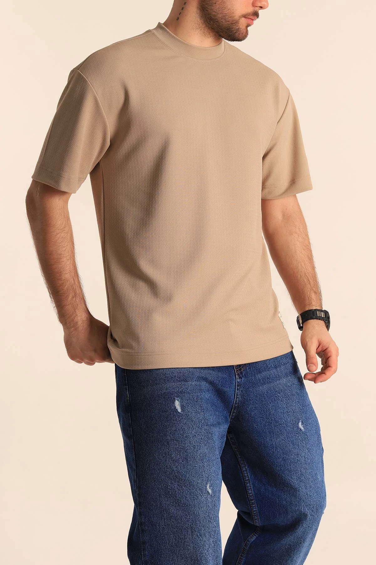 Bej Oversize Jakarlı Basic Erkek Tişört 249456