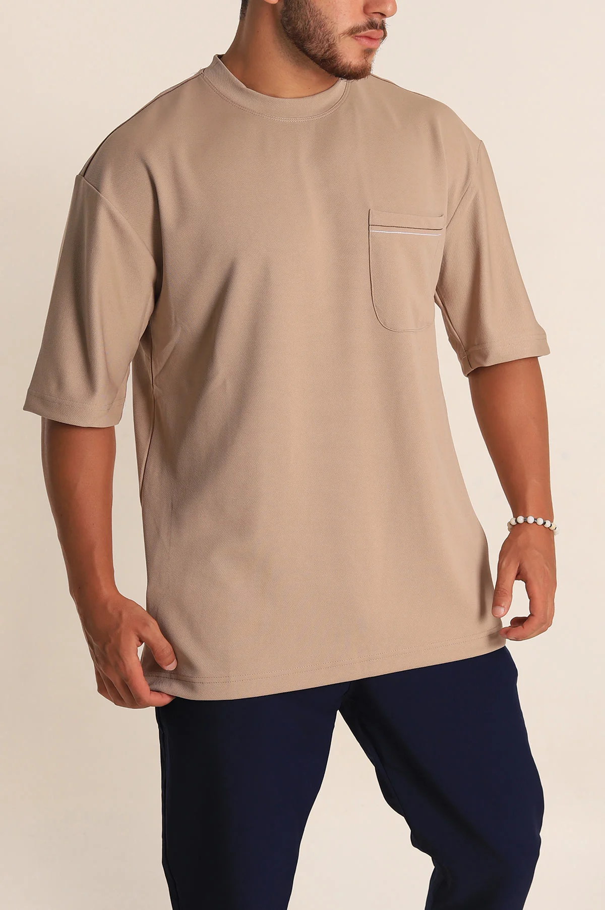 Bej Oversize Jakarlı Cep Detaylı Erkek Tişört 285763