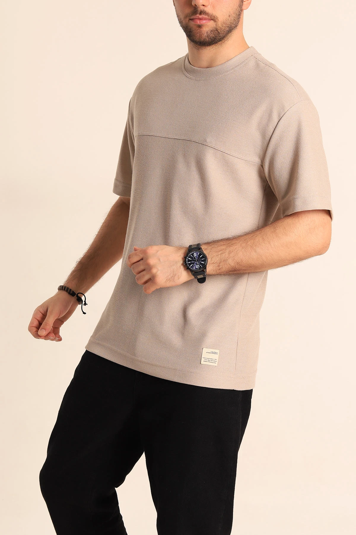 Bej Oversize Jakarlı Dikiş Detaylı Erkek Tişört 253349