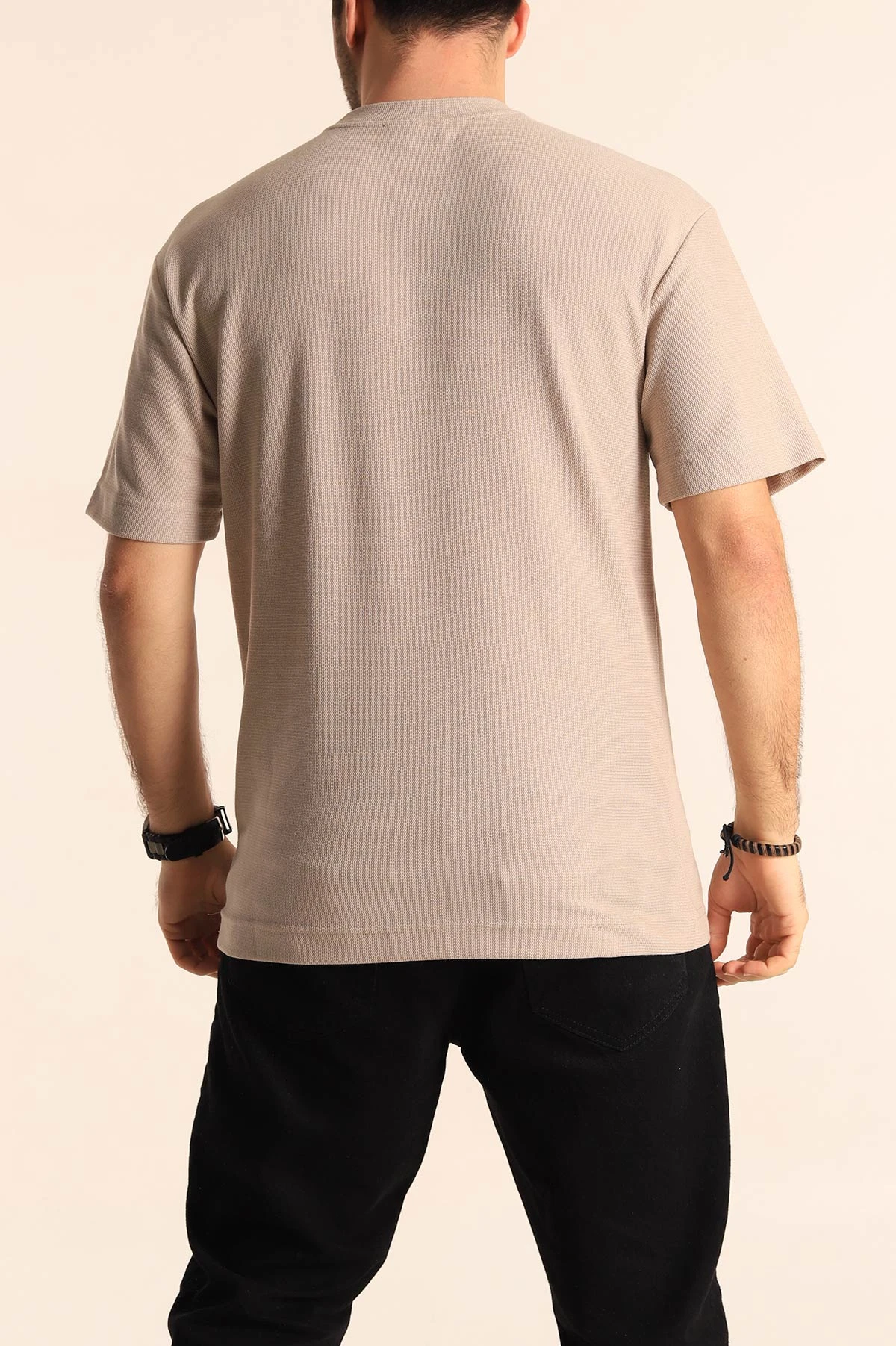 Bej Oversize Jakarlı Dikiş Detaylı Erkek Tişört 253349