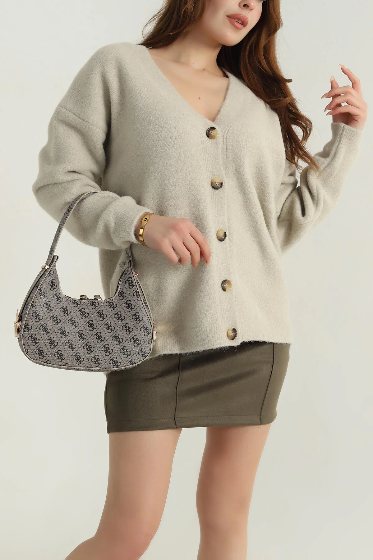 Bej Oversize Kadın Triko Hırka 405451