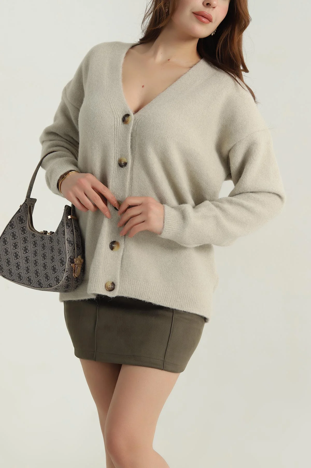 Bej Oversize Kadın Triko Hırka 405451