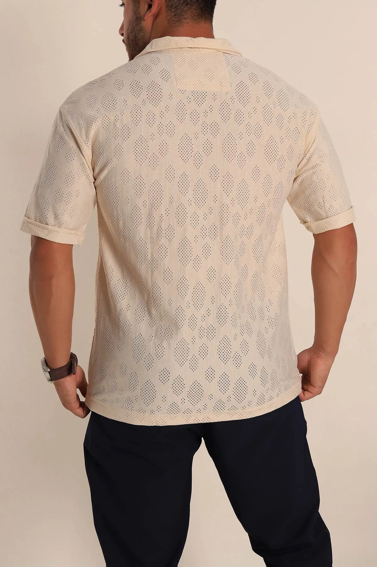 Bej Oversize Keten Delikli Kısa Kollu Erkek Gömlek 267081
