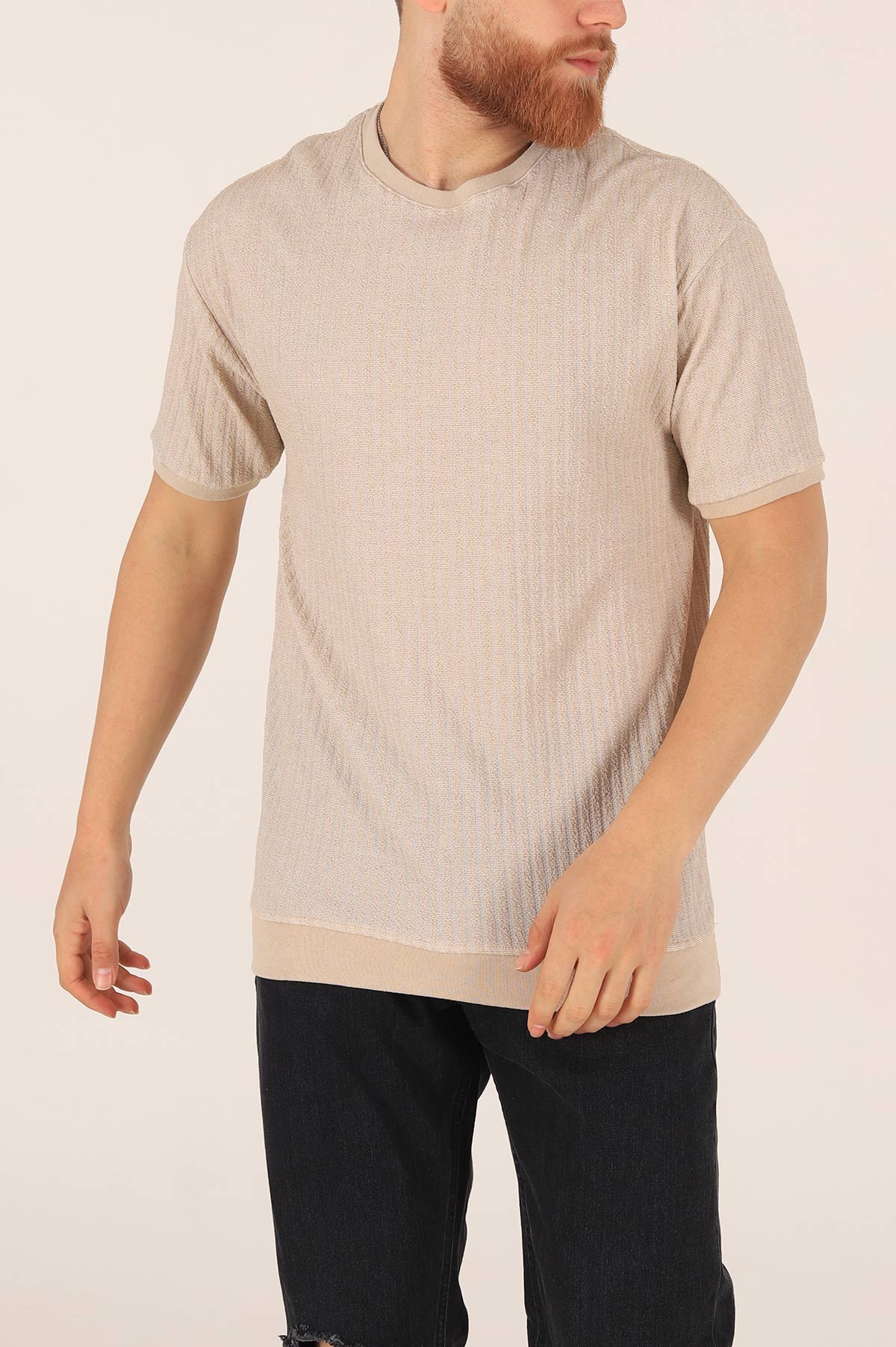 Bej Oversize Kolları Lastikli Erkek Tişört 174384