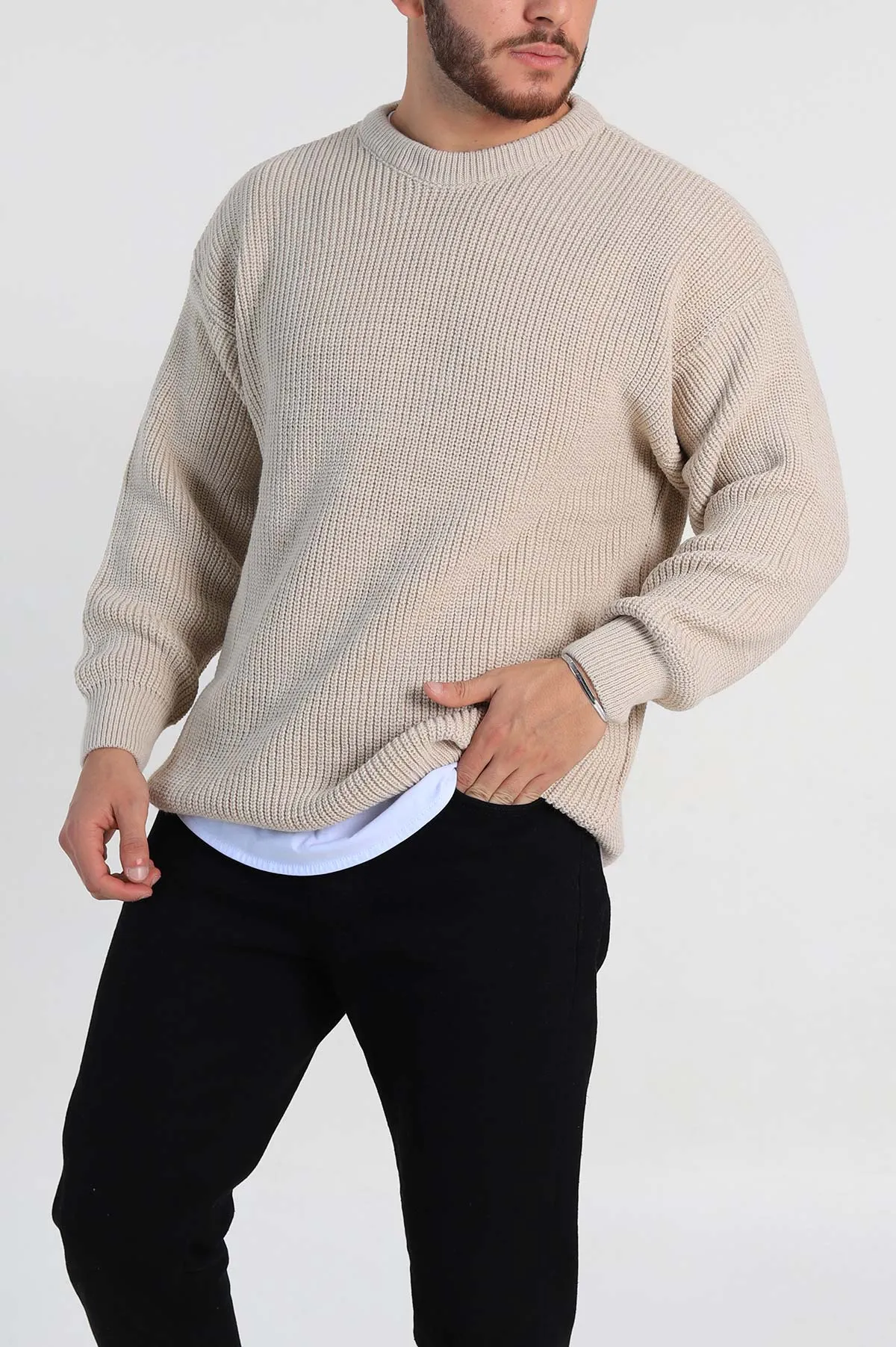 Bej Oversize Örme Erkek Kazak 314950