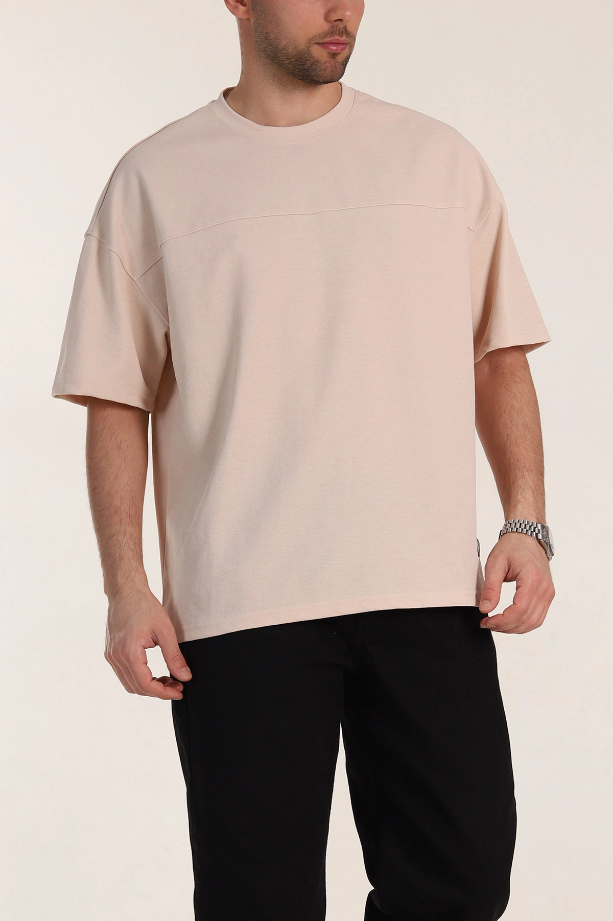 Bej Oversize Parçalı Basic Erkek Tişört 351988