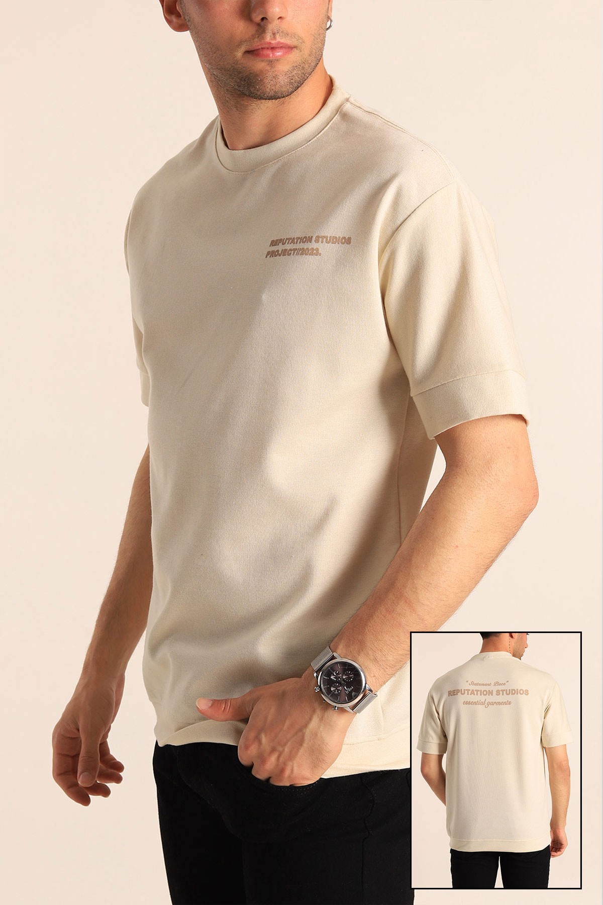 Bej Oversize Sırt Baskılı Erkek Tişört 181795