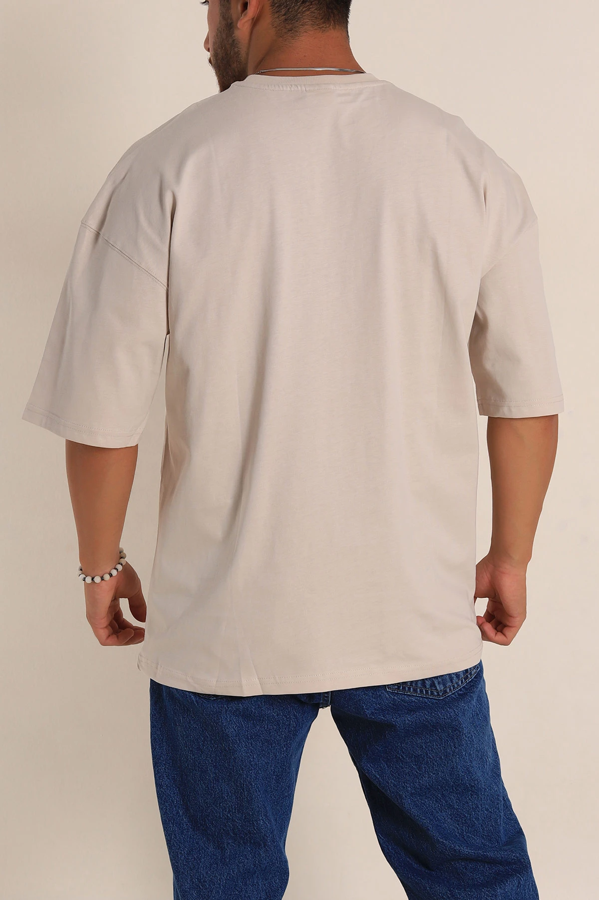 Bej Oversize Suprem Kumaş Plastik Baskı Detaylı Erkek Tişört 267357