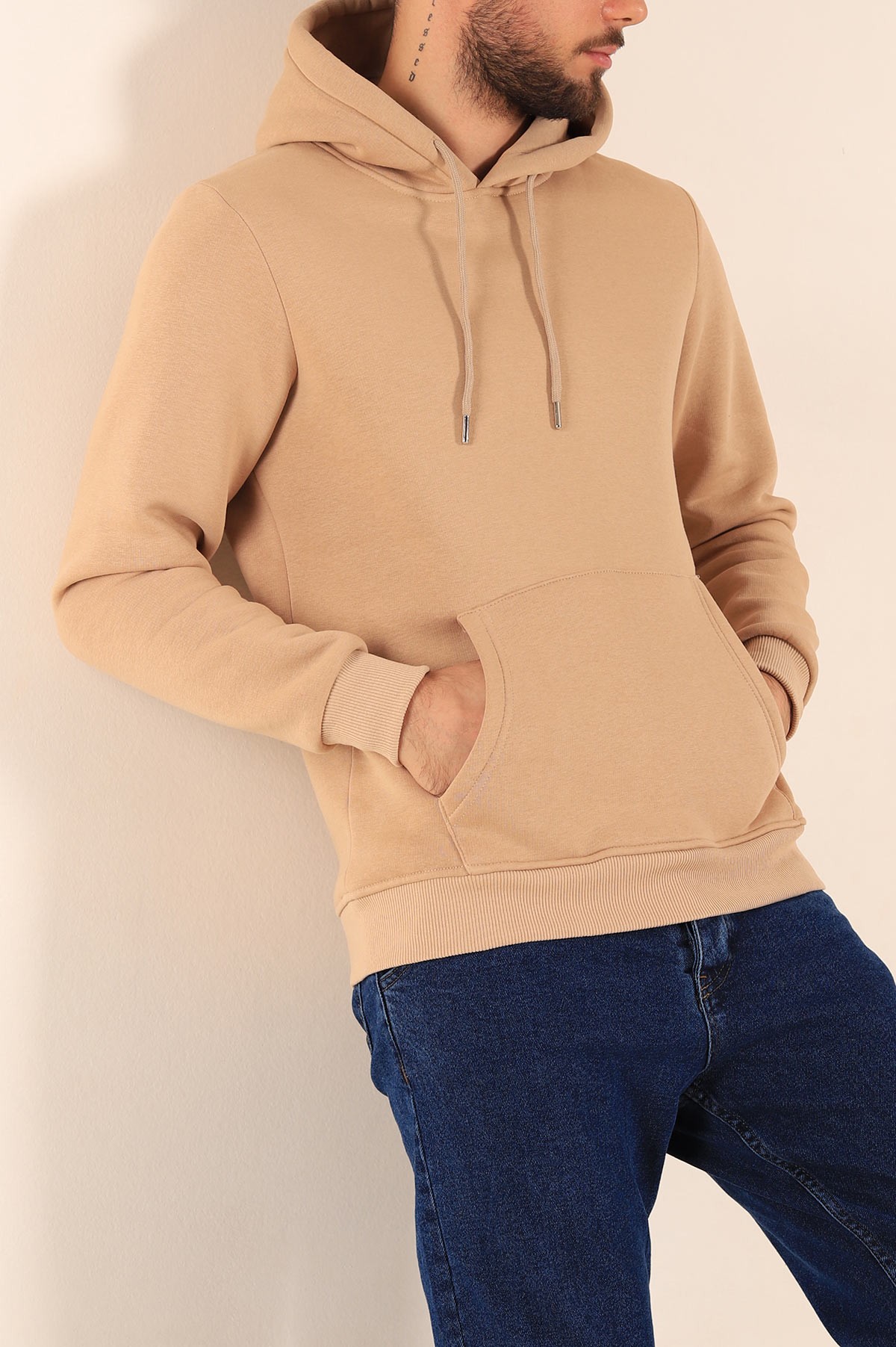 Bej Oversize Üç İp Şardonlu Basic Kapüşonlu Erkek Sweatshirt 222526
