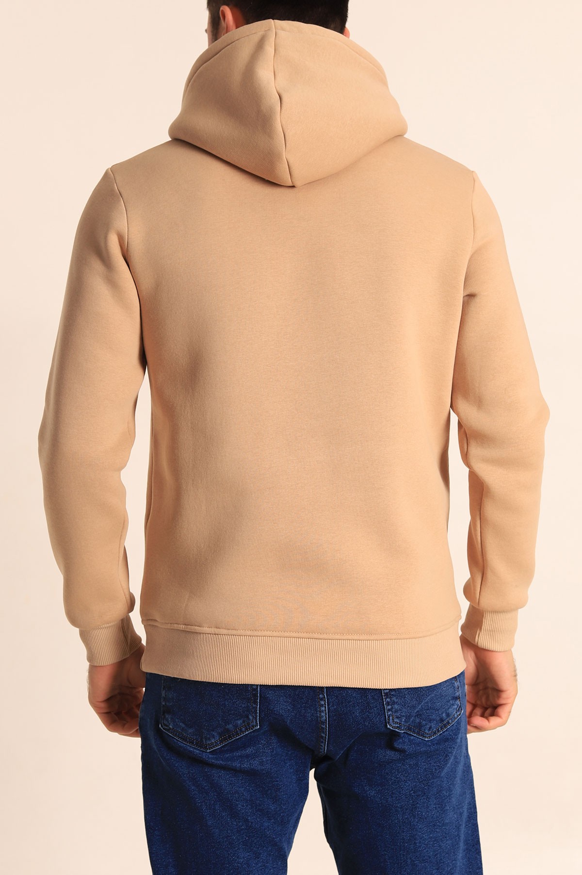 Bej Oversize Üç İp Şardonlu Basic Kapüşonlu Erkek Sweatshirt 222526