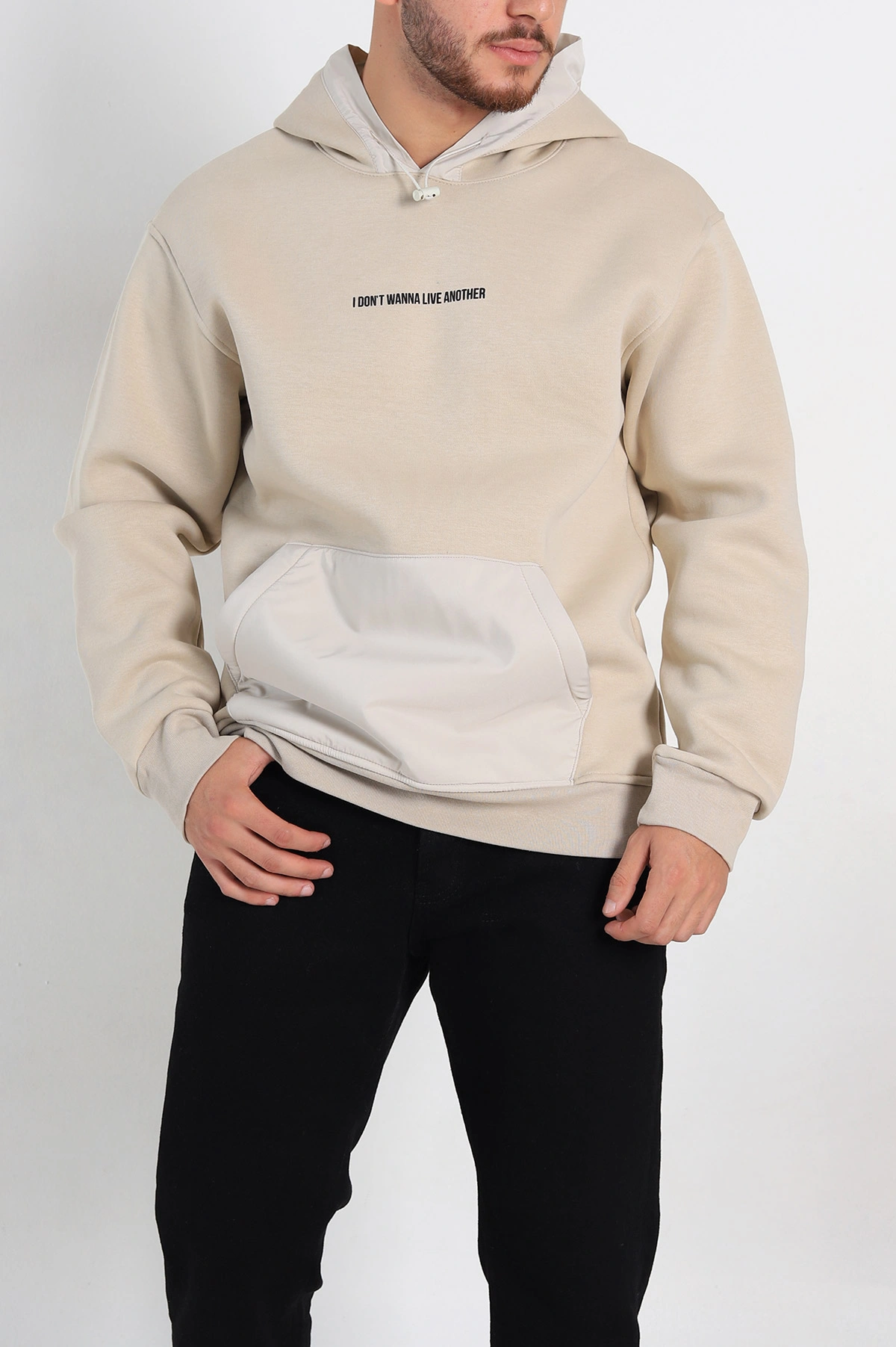 Bej Oversize Üç İp Şardonlu Kapüşonlu Erkek Sweatshirt 309119