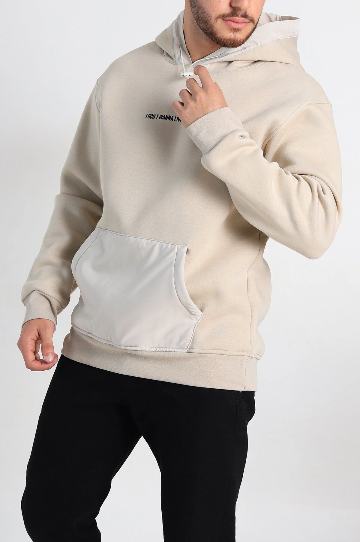 Bej Oversize Üç İp Şardonlu Kapüşonlu Erkek Sweatshirt 309119