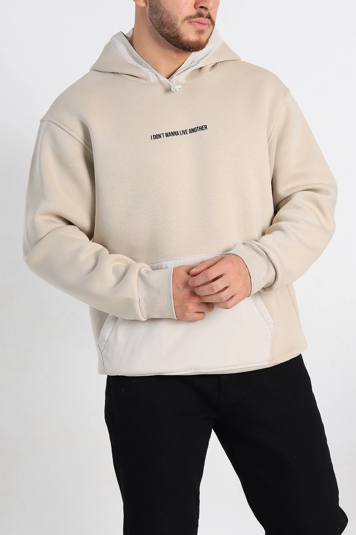 Bej Oversize Üç İp Şardonlu Kapüşonlu Erkek Sweatshirt 309119