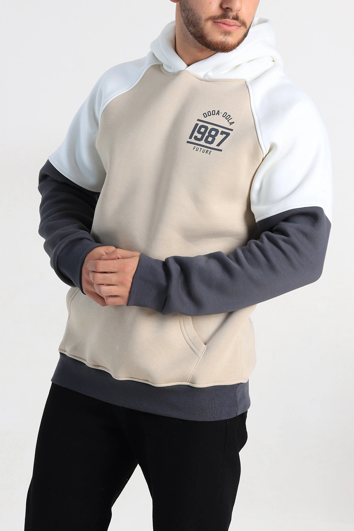 Bej Oversize Üç İp Şardonlu Yazı Detaylı Kapüşonlu Erkek Sweatshirt 309197