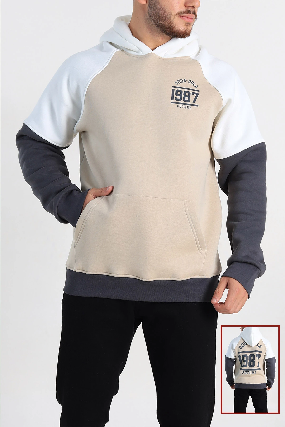 Bej Oversize Üç İp Şardonlu Yazı Detaylı Kapüşonlu Erkek Sweatshirt 309197