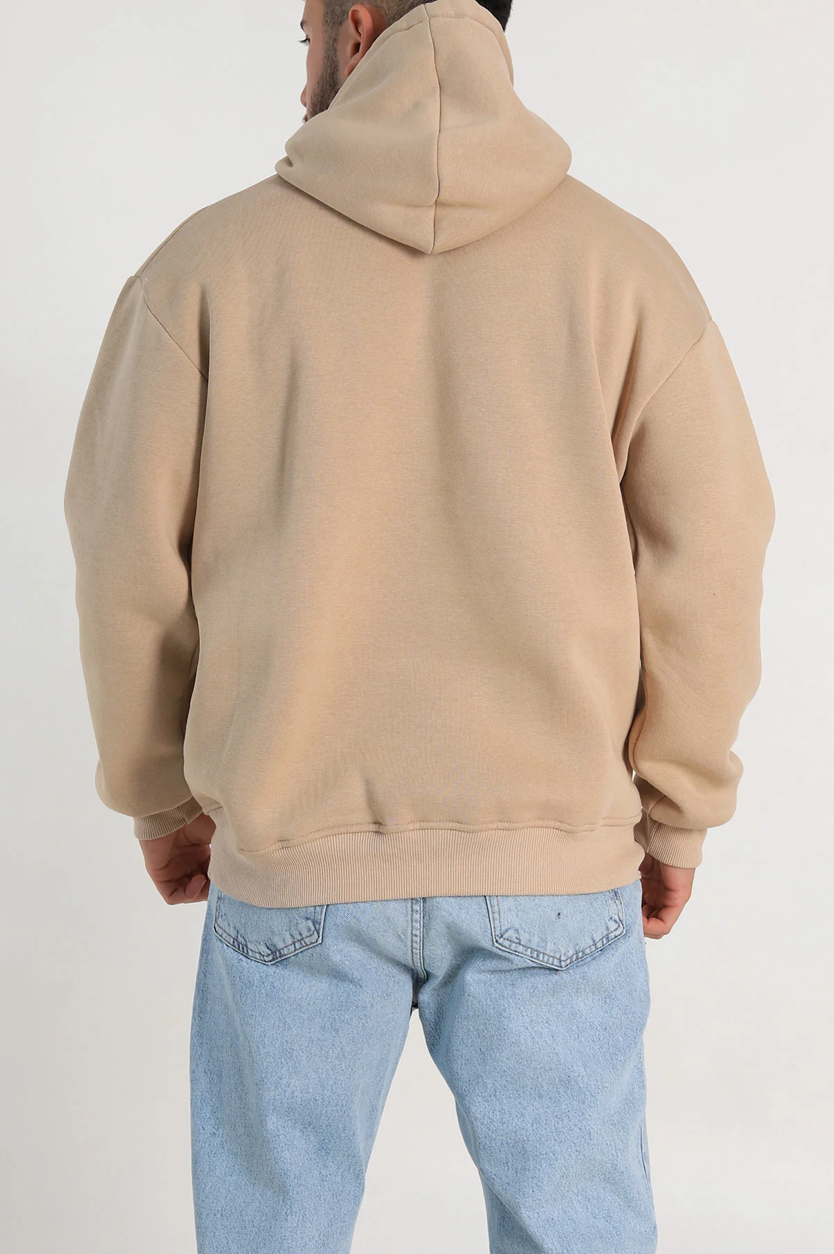Bej Oversize Üç İp Şardonlu Yazı Detaylı Kapüşonlu Erkek Sweatshirt 310963