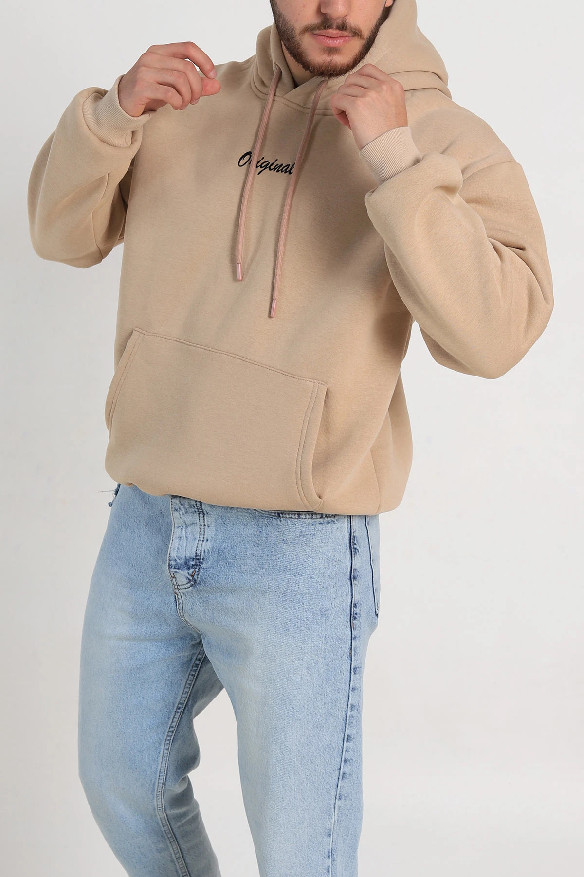 Bej Oversize Üç İp Şardonlu Yazı Detaylı Kapüşonlu Erkek Sweatshirt 310963
