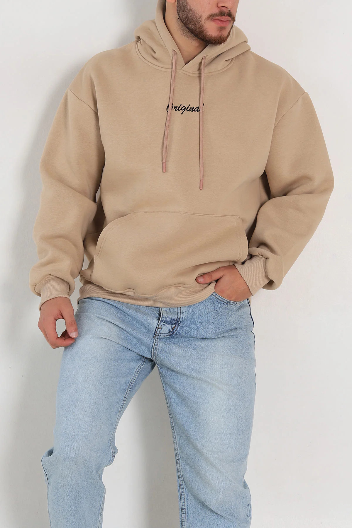 Bej Oversize Üç İp Şardonlu Yazı Detaylı Kapüşonlu Erkek Sweatshirt 310963