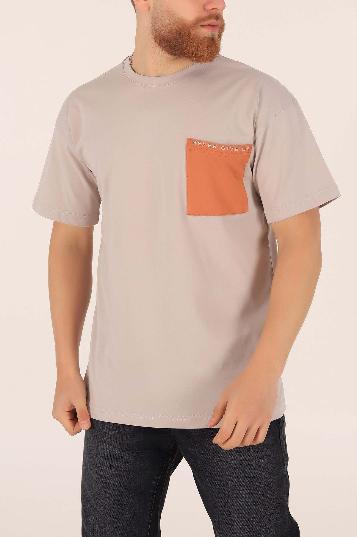Bej Oversize Yazı Baskılı Cep Detay 169645