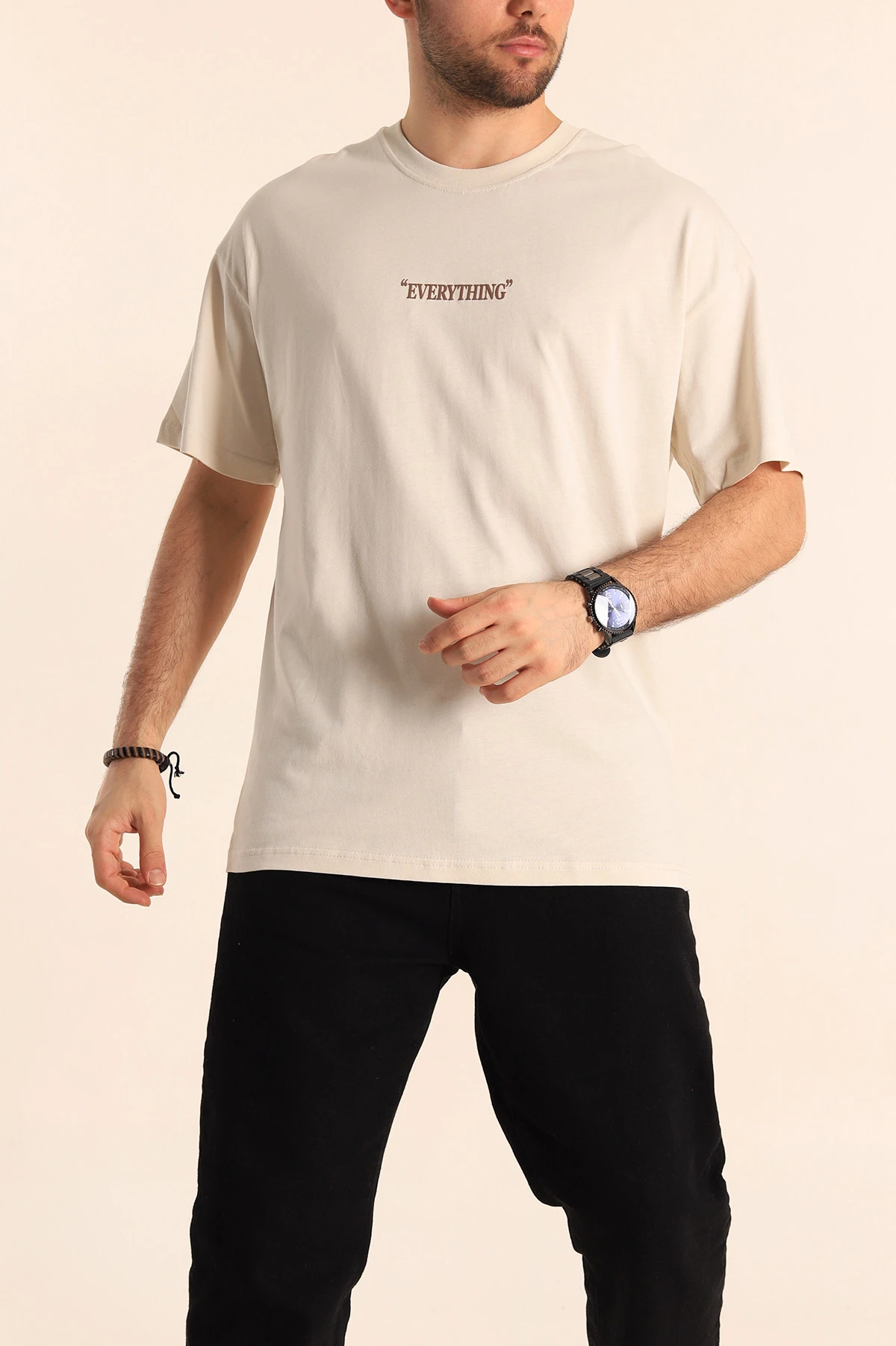 Bej Oversize Yazı Detay Erkek Tişört 247982