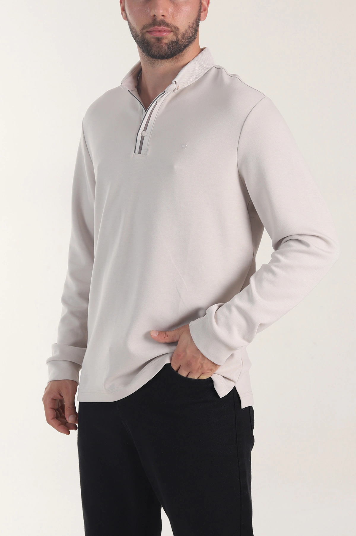 Bej Oysho Kumaş Düğmeli Polo Yaka Erkek Sweatshirt 406022