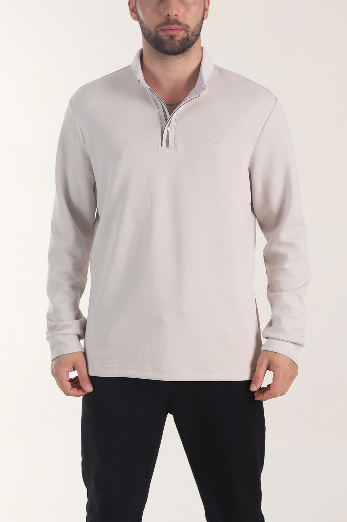 Bej Oysho Kumaş Düğmeli Polo Yaka Erkek Sweatshirt 406022