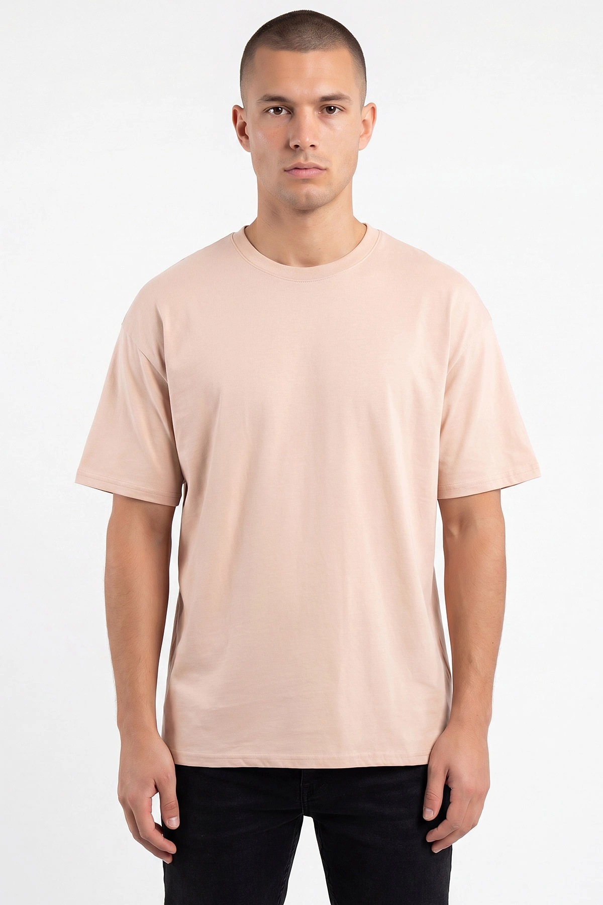 Bej Oysho Kumaş Oversize Bisiklet Yaka Erkek Tişört 465395