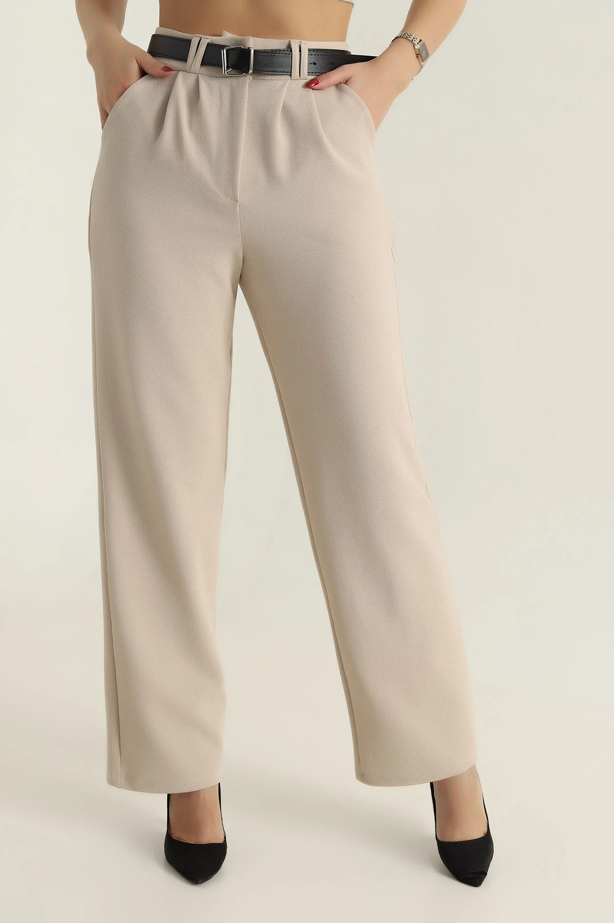 Bej Palazzo Krep Kemerli Kadın Pantolon 415541