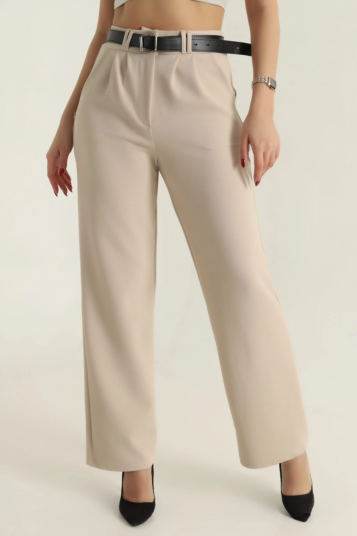Bej Palazzo Krep Kemerli Kadın Pantolon 415541